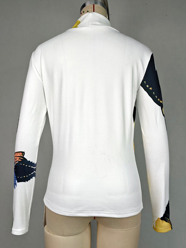 Flower Print Long Sleeves Skinny High Neck T-Shirts Tops