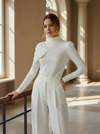 Asymmetric Pleated Solid Color Irregularity Long Sleeves High Neck Sweatshirt Tops