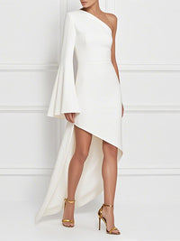 High-Low Long Sleeves Asymmetric Solid Color One-Shoulder Maxi Dresses