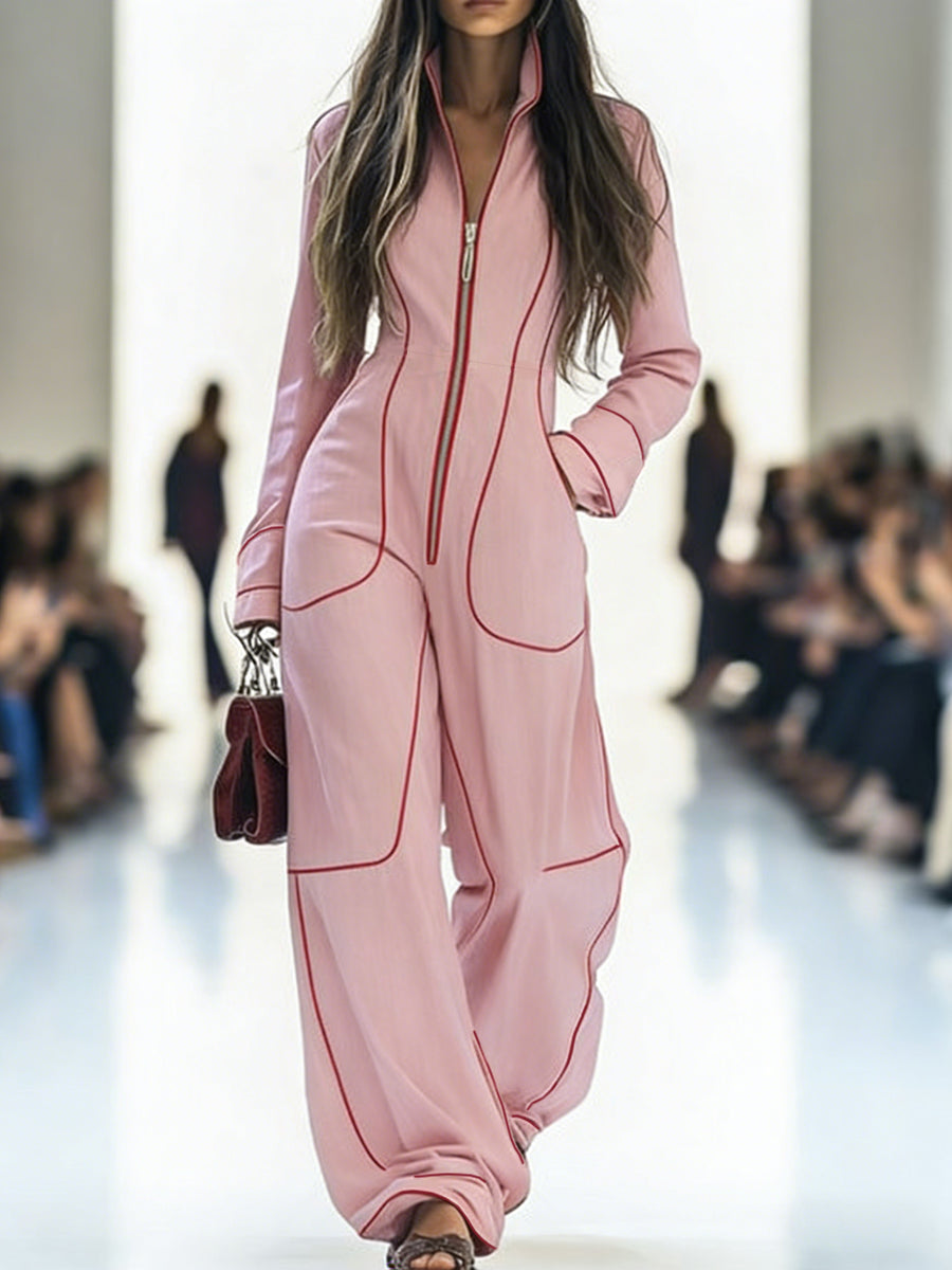 Zipper Long Sleeves Wide Leg Stand Collar Jumpsuits
