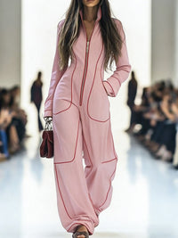 Zipper Long Sleeves Wide Leg Stand Collar Jumpsuits