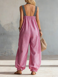 Loose Sleeveless Adjustable Elasticity Pleated Pockets Split-Joint Striped Zipper Deep V-Neck Jumpsuits
