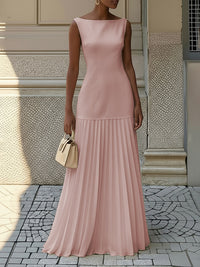 Gauze Pleated Solid Color Split-Joint Sleeveless Boat Neck Maxi Dresses Evening Dresses