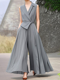 High Waisted Loose Pleated Pockets Solid Color Tied Notched Collar Jumpsuits