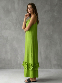 Pleated Solid Color Split-Joint Three-Dimensional Flower A-line Loose Spaghetti-Neck Midi Dresses