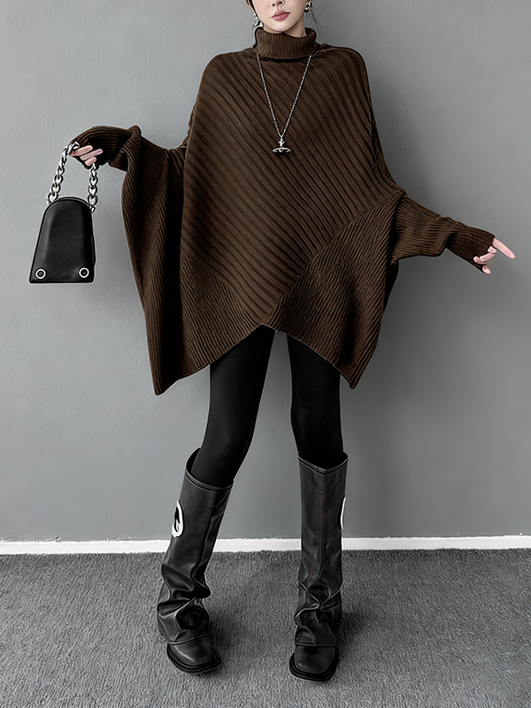 Asymmetric Ribbed Knit Solid Color Split-Joint Batwing Sleeves Irregularity High Neck Sweater Tops
