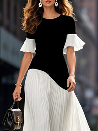 Flared Sleeves Half Sleeves Pleated Split-Joint Round-Neck Midi Dresses