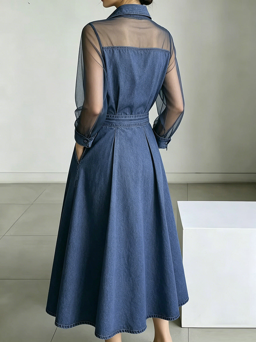 A-Line High Waisted Buttoned Pockets See-Through Solid Color Split-Joint Lapel Maxi Dresses