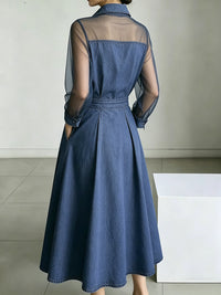 A-Line High Waisted Buttoned Pockets See-Through Solid Color Split-Joint Lapel Maxi Dresses