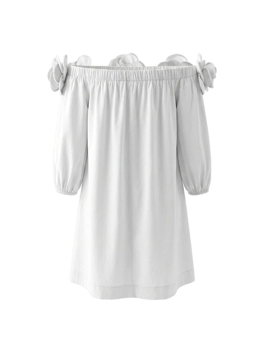 Pockets Solid Color Three-Dimensional Flower Half Sleeves Loose Off-The-Shoulder Mini Dresses
