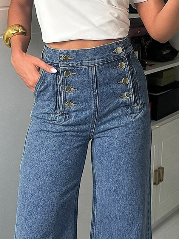 High Waisted Loose Buttoned Split-Joint Jean Pants Bottoms
