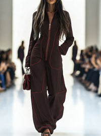 Zipper Long Sleeves Wide Leg Stand Collar Jumpsuits