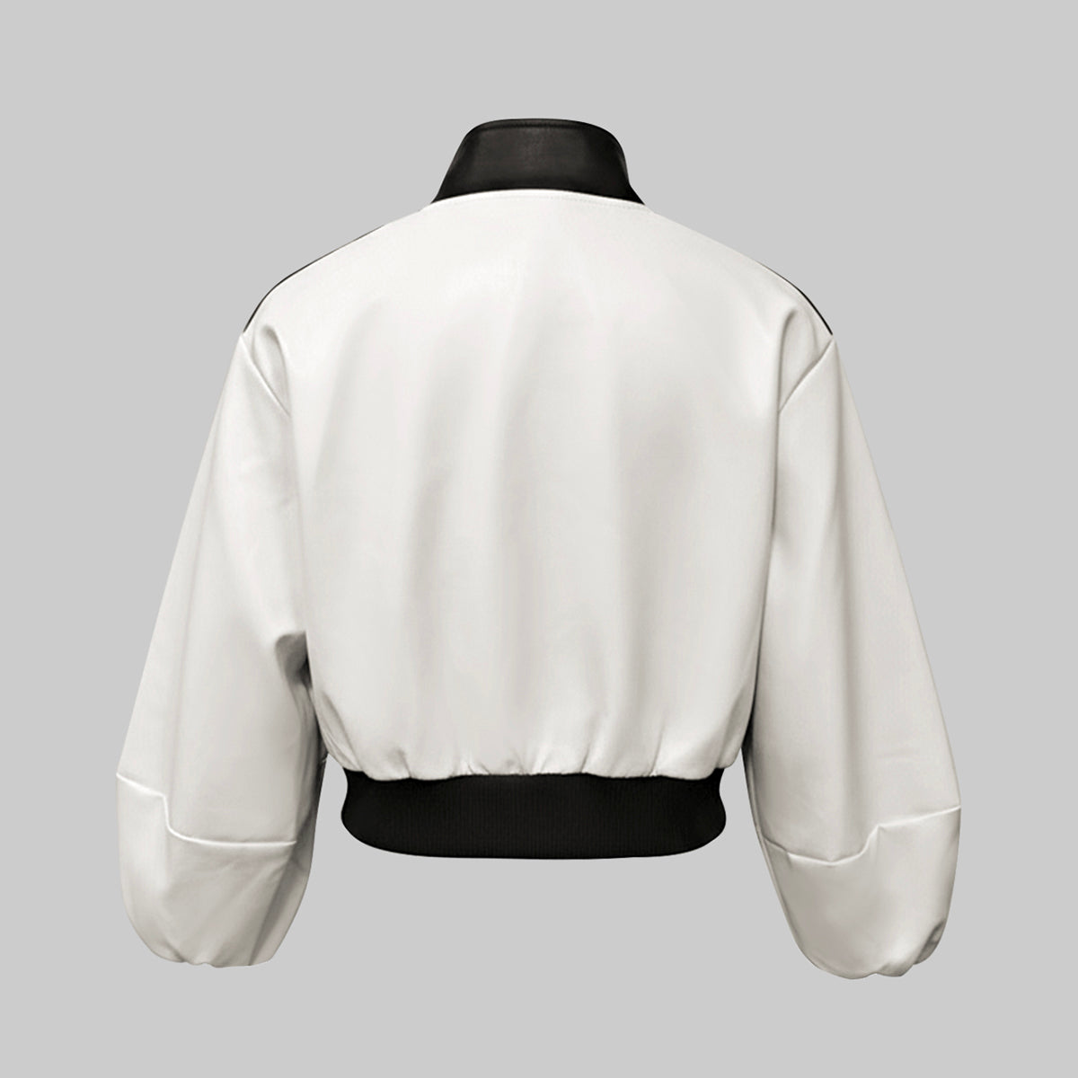 Puff Sleeves Contrast Color Split-Joint Zipper Stand Collar Jackets&Coats