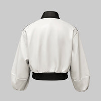 Puff Sleeves Contrast Color Split-Joint Zipper Stand Collar Jackets&Coats