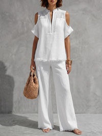 Fringed Cold Shoulder Half-Zip Solid Color Short Sleeve Blouses&Shirts Tops +  Pants Bottoms Trousers Two Pieces Set