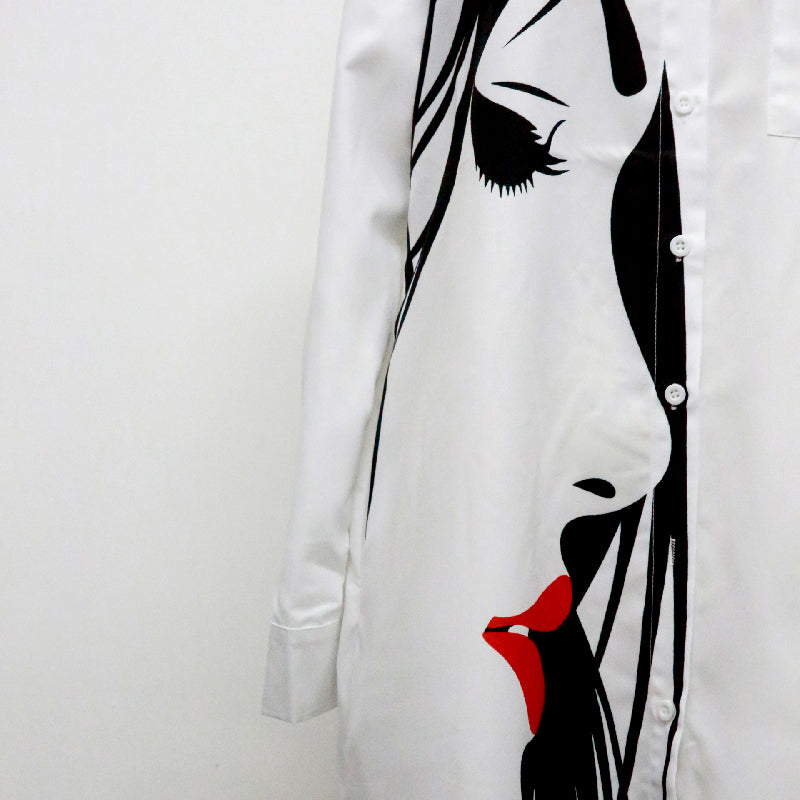 Long Sleeves Loose Buttoned Figure Printed Lapel Collar Midi Dresses