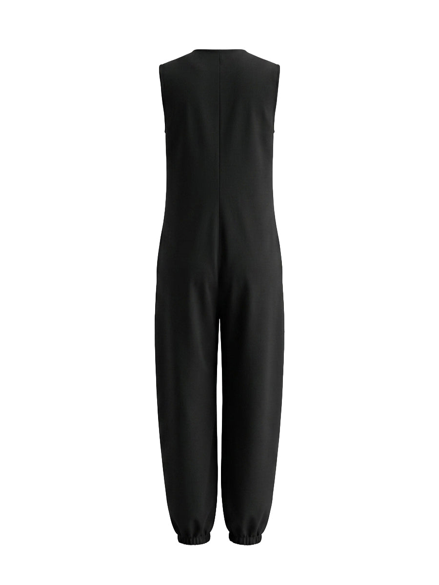 Sleeveless Wide Leg Buttoned Pockets Solid Color V-Neck Jumpsuits