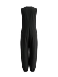 Sleeveless Wide Leg Buttoned Pockets Solid Color V-Neck Jumpsuits