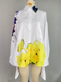 Buttoned Flower Print Pockets Split-Side High-Low Long Sleeves Stand Collar Blouses&Shirts Tops