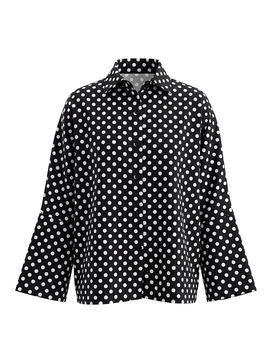 Long Sleeves Loose Buttoned Contrast Color Polka-Dot Split-Joint Lapel Blouses&Shirts Tops