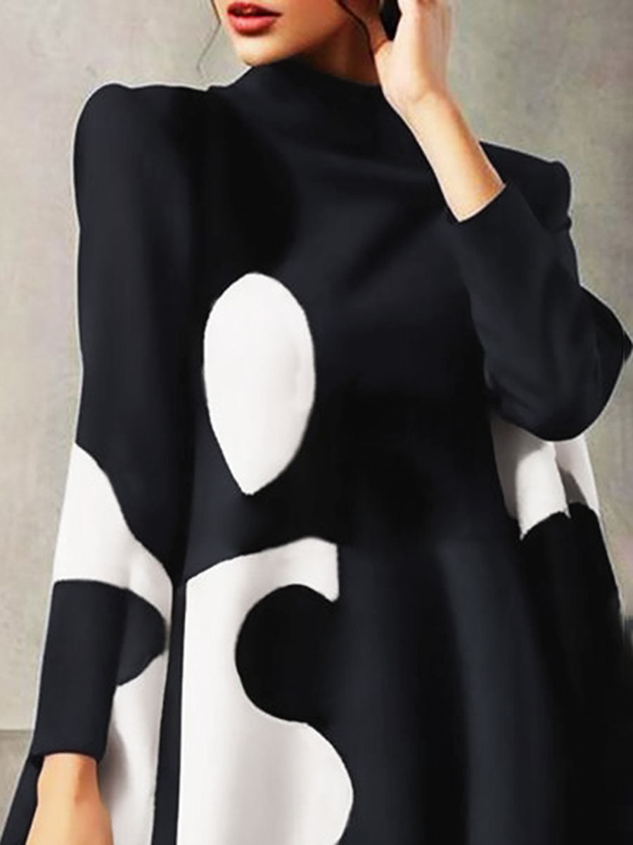 Polka-Dot Split-Joint A-Line Long Sleeves Mock Neck Mini Dresses