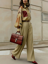 High Waisted Wide Leg No Belt Pleated Pockets Solid Color Pants Trousers