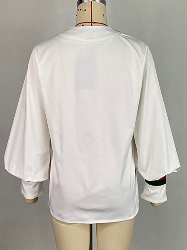 Contrast Color Pleated Long Sleeves Loose V-Neck Blouses&Shirts Tops