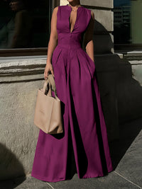High Waisted Loose Pockets Solid Color Zipper V-Neck Jumpsuits