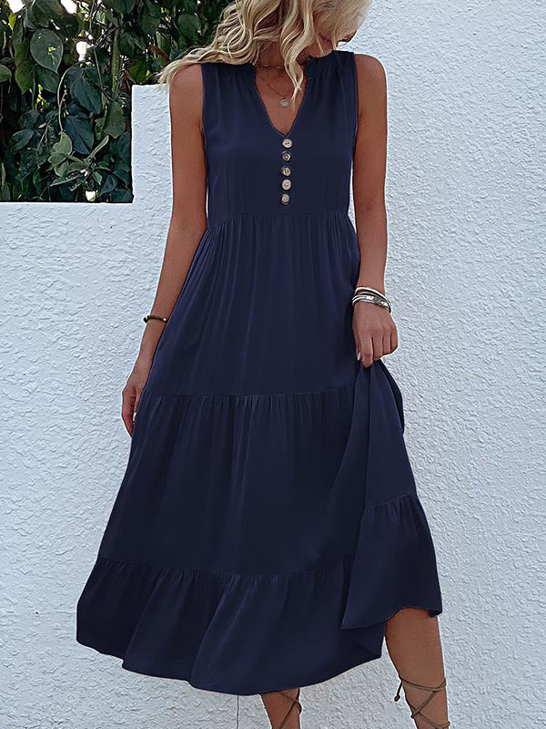 Loose Sleeveless Pleated Split-Joint V-Neck Midi Dresses