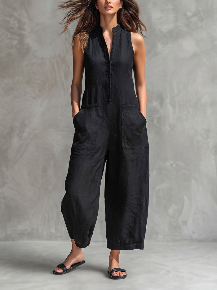 High Waisted Sleeveless Buttoned Pockets Solid Color Stand Collar Jumpsuits