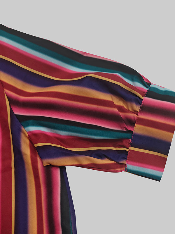 Split-Joint Striped Long Sleeves Loose Lapel Shirt Dress Maxi Dresses