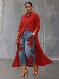 Loose Wide Leg Flower Print No Belt Pockets Jean Pants Bottoms Ninth Pants