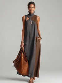 Loose Sleeveless Asymmetric Contrast Color Pockets Split-Joint Mock Neck Maxi Dresses
