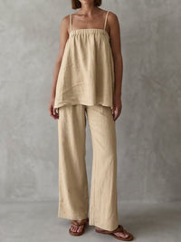 Elasticity Solid Color High Waisted Loose Spaghetti-Neck Vest Top +Pants Bottom Suits