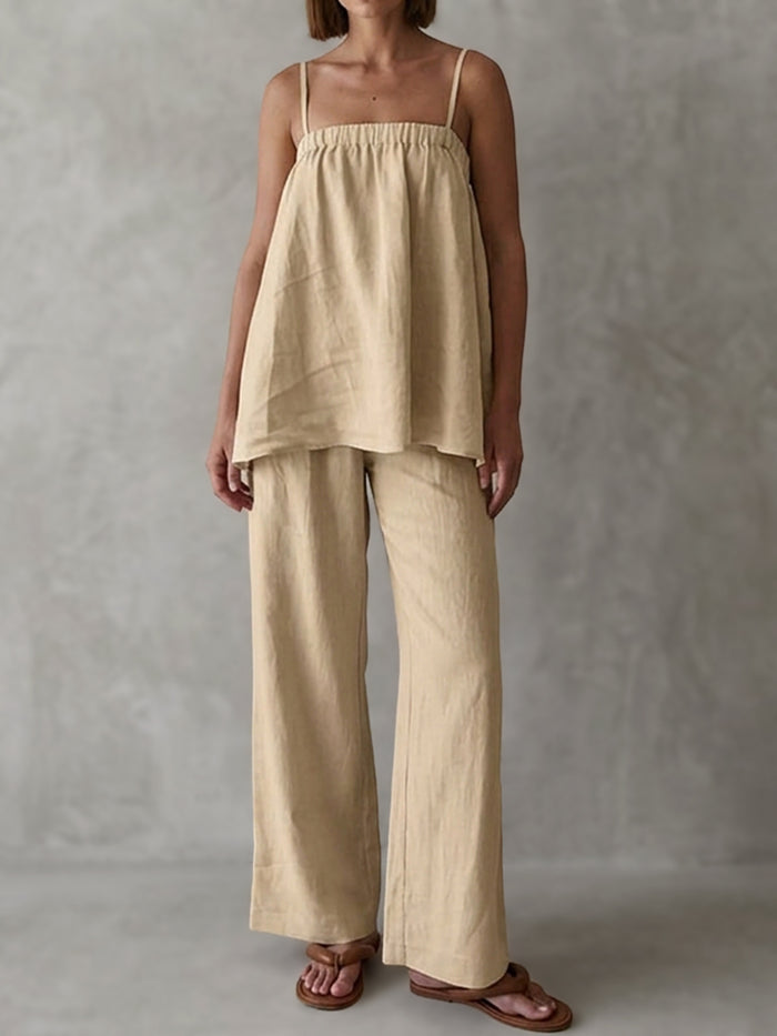 Elasticity Solid Color High Waisted Loose Spaghetti-Neck Vest Top +Pants Bottom Suits