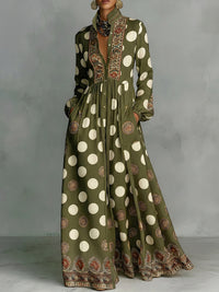 High Waisted Long Sleeves Big Hemline Buttoned Contrast Color Pleated Pockets Polka-Dot Stand Collar Maxi Dresses