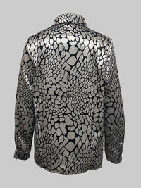 Long Sleeves Loose Buttoned Contrast Color Snakeskin Printed Lapel Blouses&Shirts Tops