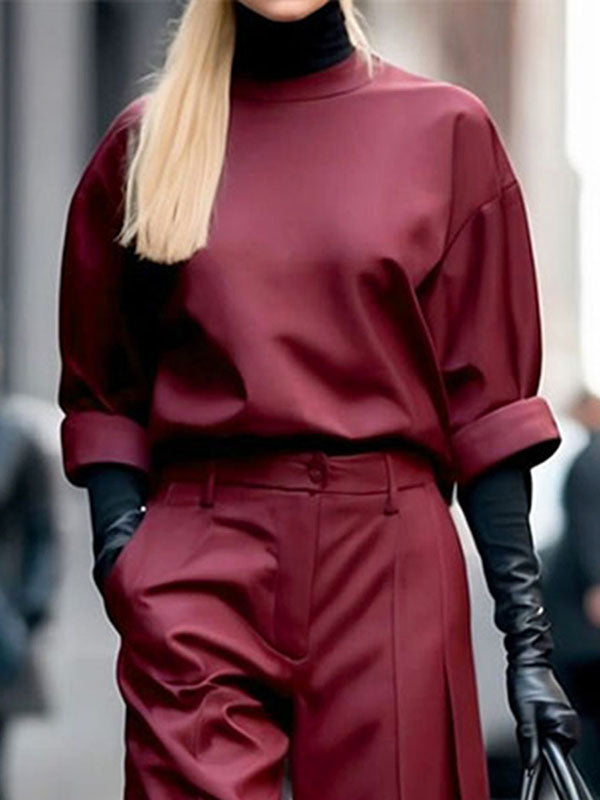 Solid Color Long Sleeves Loose Round-Neck Hoodies&Sweatshirt Tops