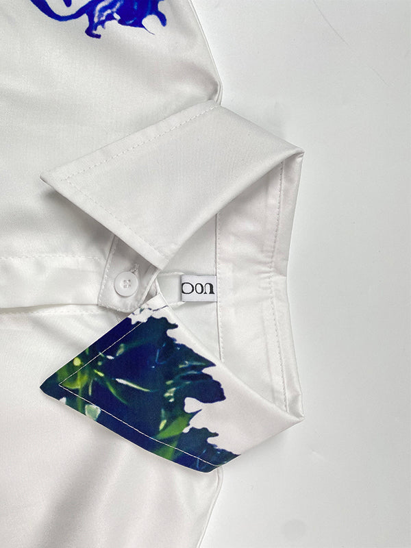 Buttoned Flower Print Pockets Split-Side High-Low Long Sleeves Stand Collar Blouses&Shirts Tops