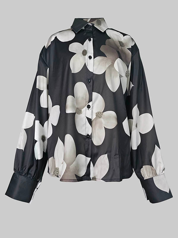 Floral Printed Long Sleeves Loose Lapel Blouses
