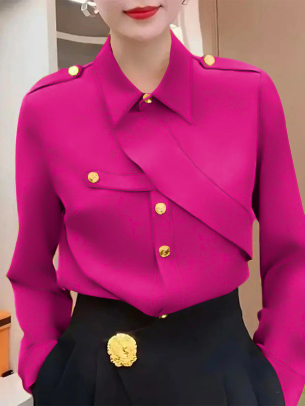 Long Sleeves Loose Asymmetric Buttoned Lapel Blouses&Shirts Tops