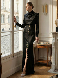 Split-Joint Heaps Collar Long Sleeves Pleated Blouses&Shirts Tops + Elasticated Waist Asymmetric Buttoned  Contrast Color Split-Side Zipper Skirts Bottoms Two Pieces Set