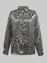Long Sleeves Loose Buttoned Contrast Color Snakeskin Printed Lapel Blouses&Shirts Tops