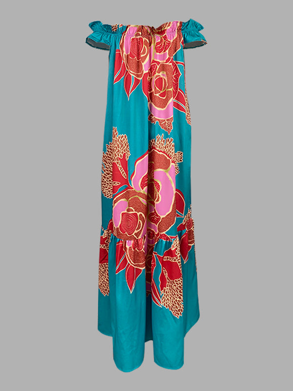 A-Line Loose Elasticity Flower Print Pleated Split-Joint Off-The-Shoulder Maxi Dresses