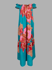 A-Line Loose Elasticity Flower Print Pleated Split-Joint Off-The-Shoulder Maxi Dresses