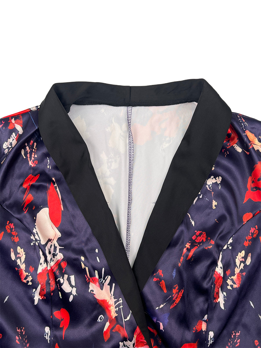 Bodycon Elasticated Waist Contrast Color Flower Print Split-Joint Lapel Midi Dresses