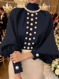 Loose Puff Sleeves Solid Color High Neck Blouses&Shirts Tops