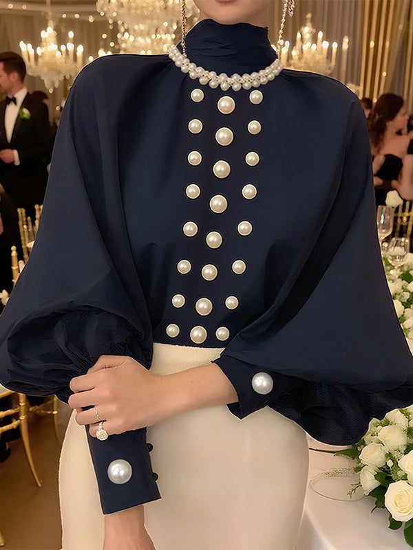 Loose Puff Sleeves Solid Color High Neck Blouses&Shirts Tops