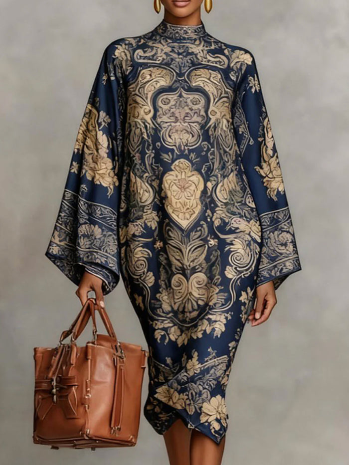 Long Sleeves Loose Contrast Color Printed Mock Neck Midi Dresses