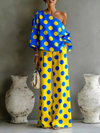 Asymmetric Polka-Dot Long Sleeves Loose One-shoulder Blouses&shirts Tops